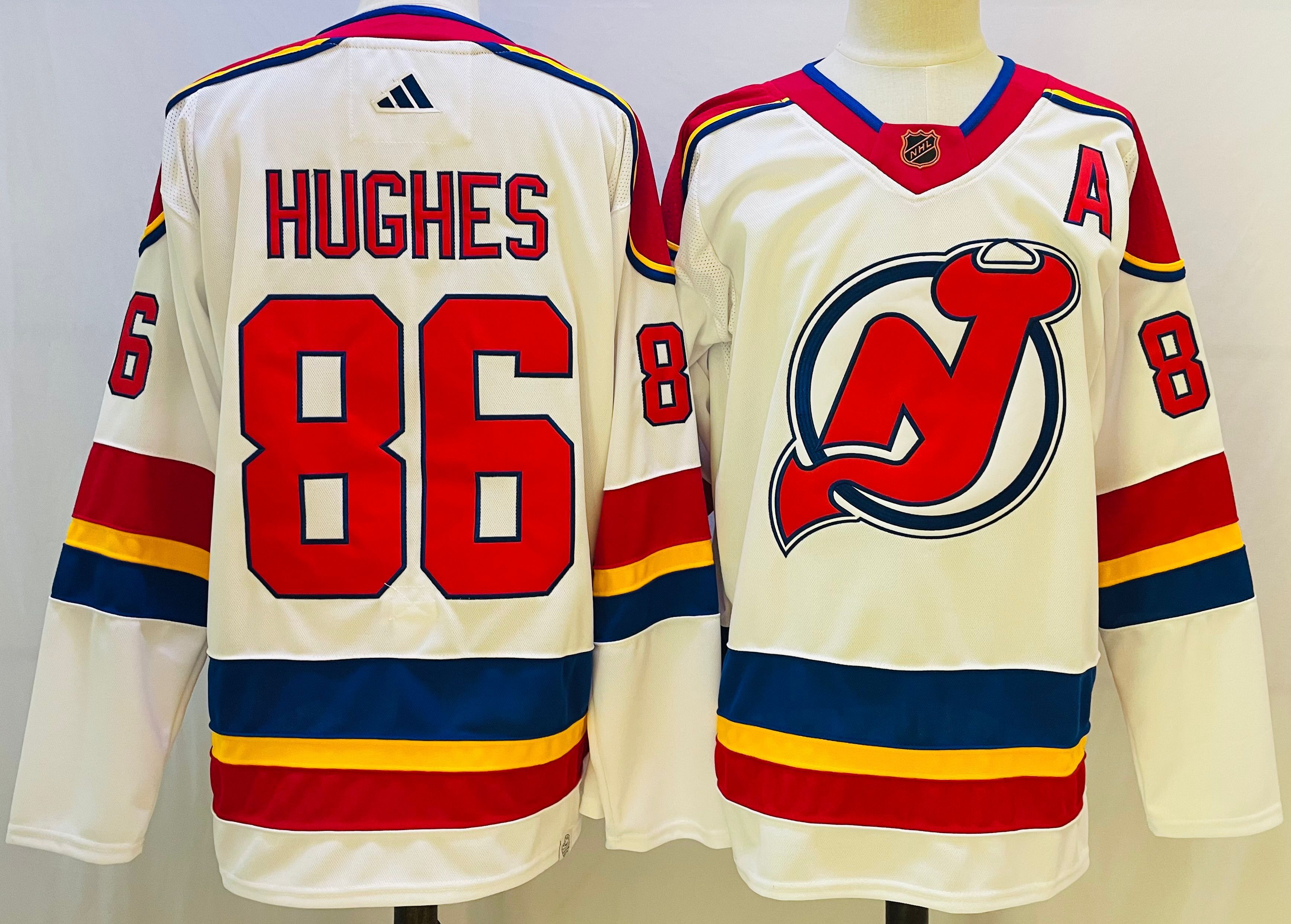 Men New Jersey Devils #86 Hughes White Throwback 2022 Adidas NHL Jersey